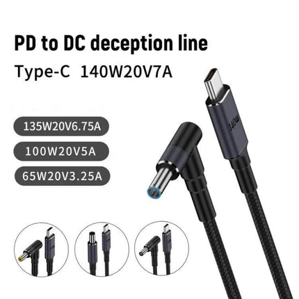 Durable 1.8 Meter Type-C to DC Laptop Charging Cable showing Type-C PD to DC tips, 140W fast charging, braided 1.8m cable for travel and coffee shop use