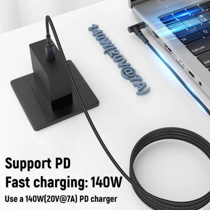 Durable 1.8 Meter Type-C to DC Laptop Charging Cable connected to laptop and PD charger, braided 140W fast charging cable for travel and coffee shop use
