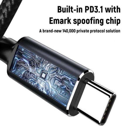 Durable 1.8 Meter Type-C to DC Laptop Charging Cable showing USB-C connector with built-in PD3.1 Emark spoofing chip graphic and braided cable