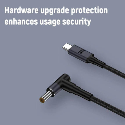 Durable 1.8 Meter Type-C to DC Laptop Charging Cable showing Type-C and right-angle DC tips, braided cord and 140W fast charging support