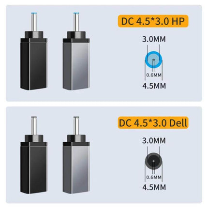 Durable 1.8 Meter Type-C to DC Laptop Charging Cable showing DC 4.5x3.0mm tip dimensions and multiple interchangeable tips for Dell and HP