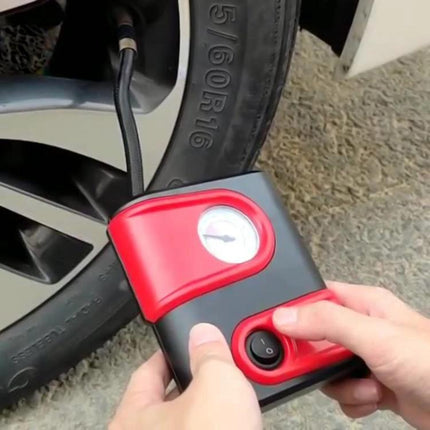Essential LD air pump for daily car maintenance and trips - compact portable tire inflator in use on car wheel