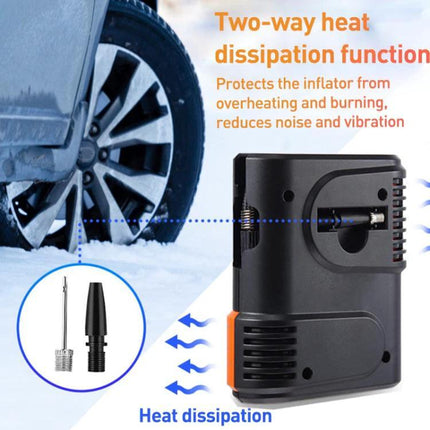 Essential LD air pump for daily car maintenance and trips - compact inflator showing heat dissipation vents, adapters and tire in snowy road scene