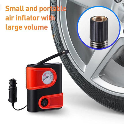Essential LD air pump for daily car maintenance and trips shown inflating a tire with portable compressor and gauge