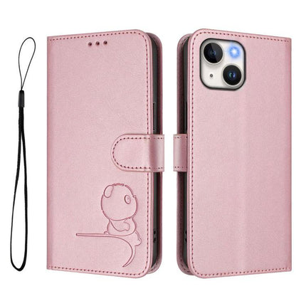 Litter Panda Leather Phone Case With Lanyard For Daily Use And Everyday Carry On The Move - pink PU leather wallet case with card slots and wrist strap