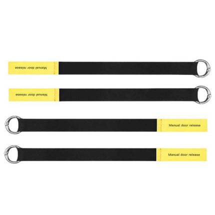 Tesla Model Y Rear Door Emergency Pull Rope Set Of Two black straps with bright yellow manual door release handles and metal rings