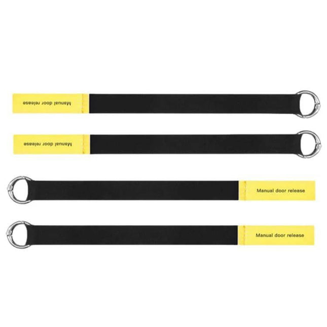 Tesla Model Y Rear Door Emergency Pull Rope Set Of Two black straps with bright yellow manual door release handles and metal rings