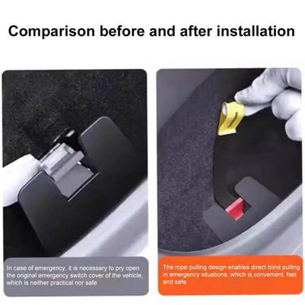 Tesla Model Y Rear Door Emergency Pull Rope Set Of Two bright yellow high-visibility handles shown before and after installation