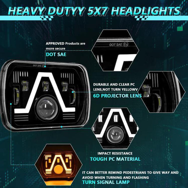 7 Inch Headlight For Jeep Wrangler Everyday Driving - 5x7 LED headlight with high/low beam, DRL and amber turn signal, 6D projector lens