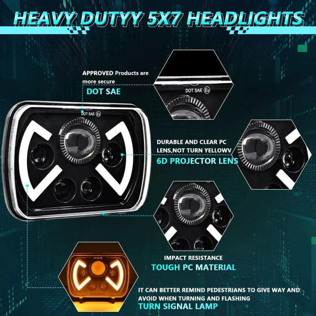 Y22 H4 7 Inch Butterfly Style Headlight For Jeep Wrangler - 5x7 LED projector headlight with DRL and turn signal, bright 6D lenses, DOT SAE approved