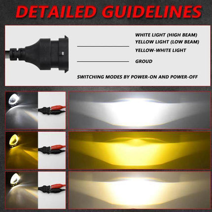 Fog Lights Dual Lens For All Weather Driving Everyday Use - wiring guide and beam pattern samples showing white, yellow, and mixed lighting