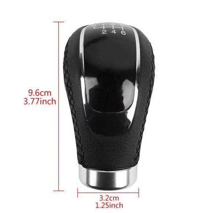 PU Leather Gear Shift Knob With Hole For Manual Transmission - black PU leather, chrome trim, 6-speed pattern, 9.6cm height, ergonomic grip