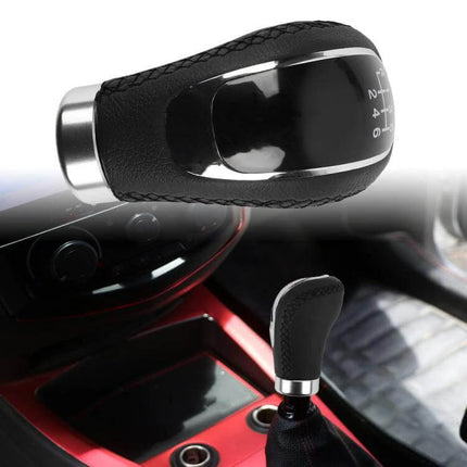 PU Leather Gear Shift Knob With Hole For Manual Transmission - black PU leather ergonomic replacement shift knob, chrome trim, easy DIY upgrade