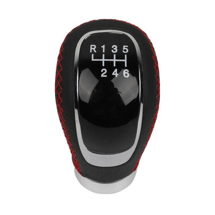 PU Leather Gear Shift Knob With Hole For Manual Transmission - black PU leather knob with red stitch, 6-speed pattern, chrome trim