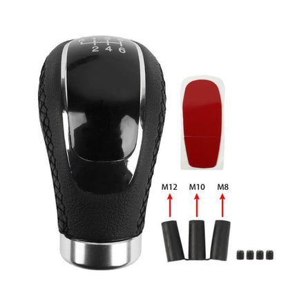 PU Leather Gear Shift Knob With Hole For Manual Transmission - black PU leather knob with chrome trim and adapter sleeves