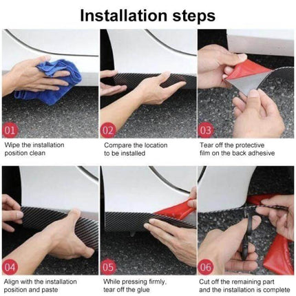 Durable Thickened Self-Adhesive Strip for Car Door Protection showing step-by-step installation wiping, aligning, peeling backing, pressing firmly, and trimming