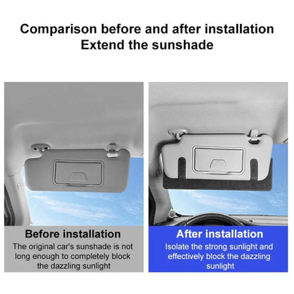 Car Sun Visor Card Extension Clip Adjustable for Glare installed on visor showing before and after glare reduction with suede finish and adjustable length