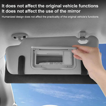 Car Sun Visor Card Extension Clip Adjustable for Glare attached to visor showing suede finish and adjustable length reducing driver glare