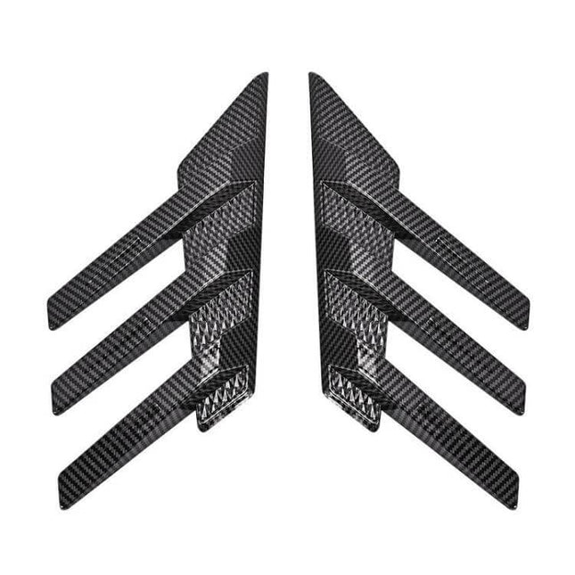 Pair of Car Rear Windshield Shark Fin Decorative Stickers in Bright Black - carbon fiber-look pair shown for rear windshield accent
