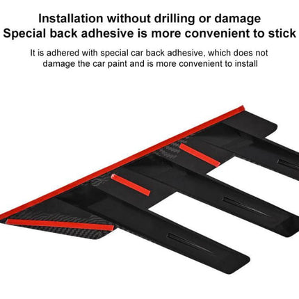 Pair of Car Rear Windshield Shark Fin Decorative Stickers in Bright Black - close-up of adhesive-backed bright black shark fin showing red peel-off tape and no-drill installation