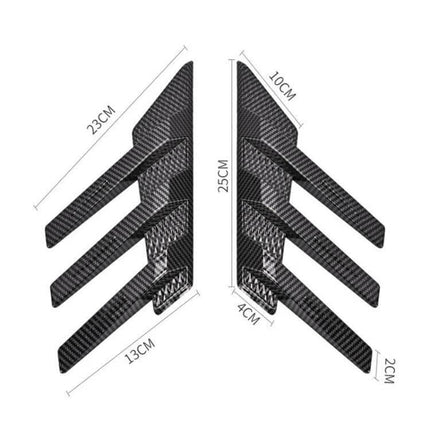 Pair of Car Rear Windshield Shark Fin Decorative Stickers in Bright Black - carbon fiber look pair showing dimensions for rear windshield application