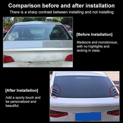 Pair of Car Rear Windshield Shark Fin Decorative Stickers in Bright Black on rear windshield showing before and after installation contrast