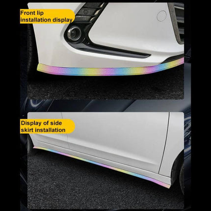 2.5m Soft Rubber Car Door Anti-Collision Protection Strip installed on front lip and side skirt of white car, rainbow edge protector