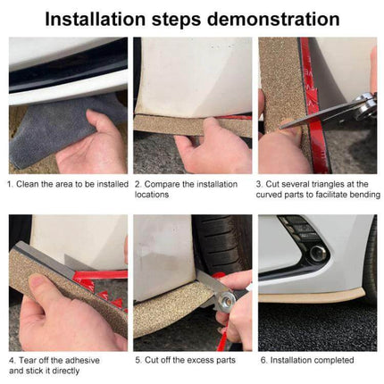 2.5m Soft Rubber Car Door Anti-Collision Protection Strip installed on car door edge showing step-by-step installation and cutting for tight curves