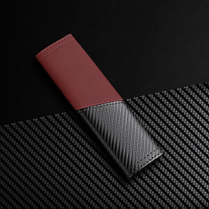 Car Leather Seat Belt Shoulder Guard Carbon Fiber Stitching - red leather with carbon fiber stitching on black background