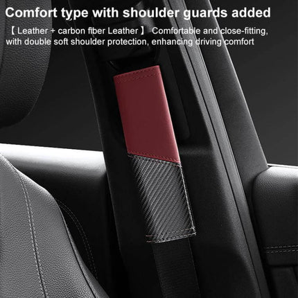 Car Leather Seat Belt Shoulder Guard Carbon Fiber Stitching black and red leather cushion on seat belt for added comfort