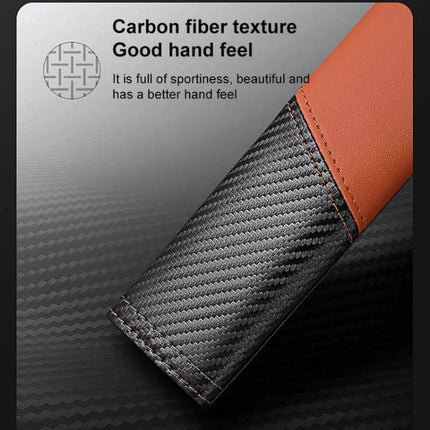 Car Leather Seat Belt Shoulder Guard Carbon Fiber Stitching close-up showing carbon fiber texture and leather exterior with orange stitching