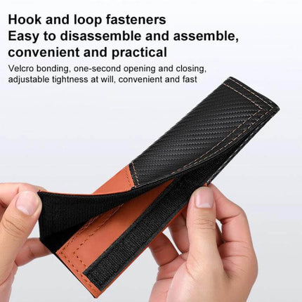 Car Leather Seat Belt Shoulder Guard Carbon Fiber Stitching shown with hook and loop fastener, black leather exterior and soft interior, easy to assemble