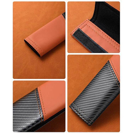 Car Leather Seat Belt Shoulder Guard Carbon Fiber Stitching in brown leather with carbon fiber stitch detail and Velcro closure for comfort