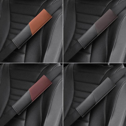 Car Leather Seat Belt Shoulder Guard Carbon Fiber Stitching on black car seat showing four color options and soft interior cushion