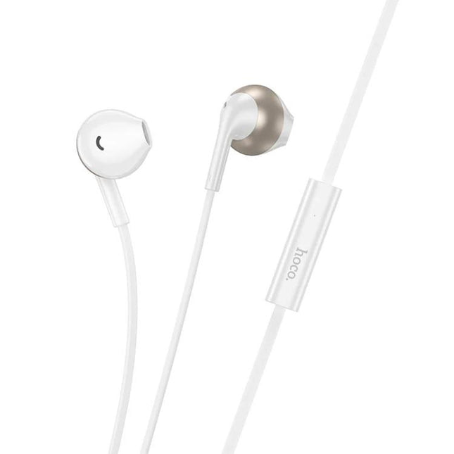 Hoco Earphones for Daily Calls and Music Listening On the Go white wired earphones with 14mm speaker and inline wire control