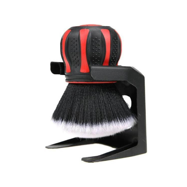 Soft Bristle Round Head Brush for Car Interior Dust Removal - compact round brush with soft black-and-white bristles and ergonomic red-black handle