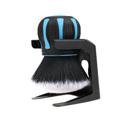 Soft Bristle Round Head Brush for Car Interior Dust Removal on black handle with blue accents showing soft bristles and stand
