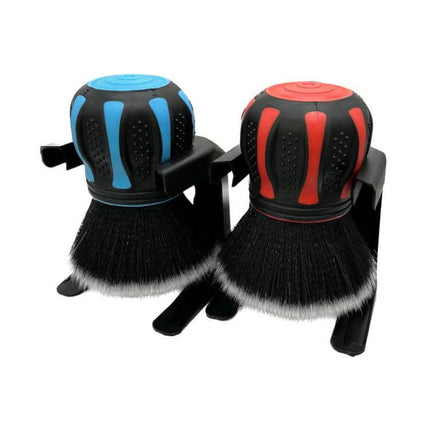 Soft Bristle Round Head Brush for Car Interior Dust Removal - pair of blue and red round brushes with soft black bristles for vents and dashboard