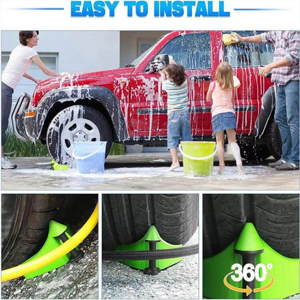 Car Wash Anti-Pinch Hose Roller for Tire Protection guiding hose under tire during family car wash, green clip prevents pinching and snagging