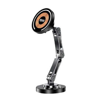 Magnetic Wireless Car Charger Holder, 360 Degree Rotation on adjustable metal arm for dashboard mounting, 15W Qi wireless charging, portrait and landscape