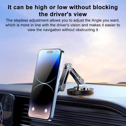 Magnetic Wireless Car Charger Holder, 360 Degree Rotation mounted on dashboard showing phone in portrait and adjustable arm without blocking driver view