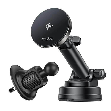 Yesido 2 In 1 Wireless Car Stand For Phone Charging - black magnetic Qi wireless car and desk mount with adjustable arm