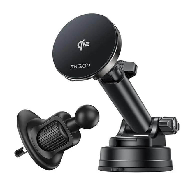 Yesido 2 In 1 Wireless Car Stand For Phone Charging - black magnetic Qi wireless car and desk mount with adjustable arm