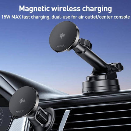 Yesido 2 In 1 Wireless Car Stand For Phone Charging mounted on dashboard showing magnetic wireless charging and air vent attachment
