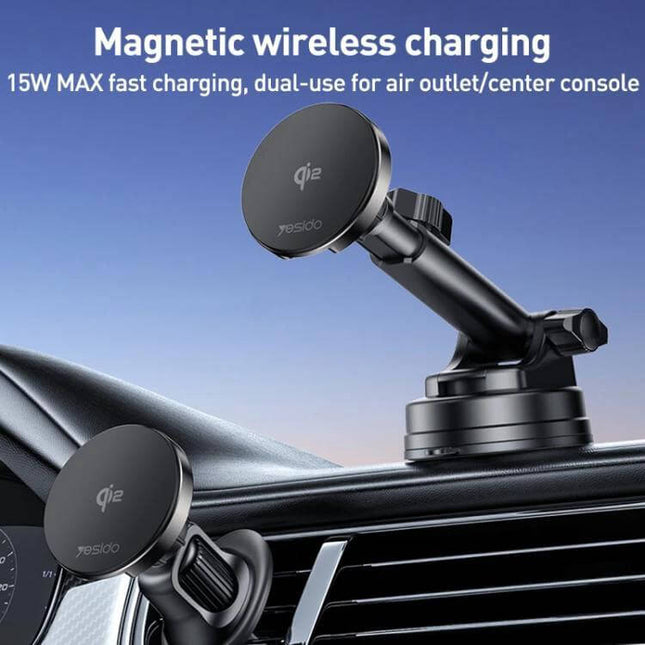 Yesido 2 In 1 Wireless Car Stand For Phone Charging mounted on dashboard showing magnetic wireless charging and air vent attachment