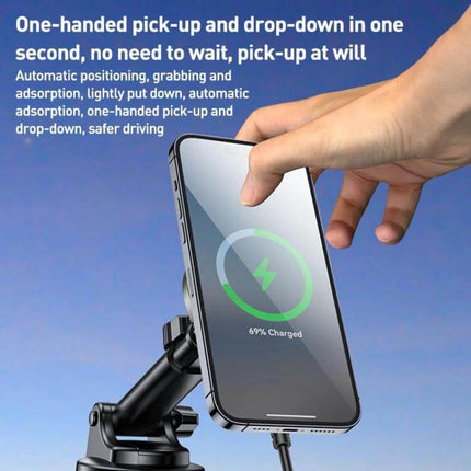 Yesido 2 In 1 Wireless Car Stand For Phone Charging showing one-handed pick-up with Qi charging on dashboard mount