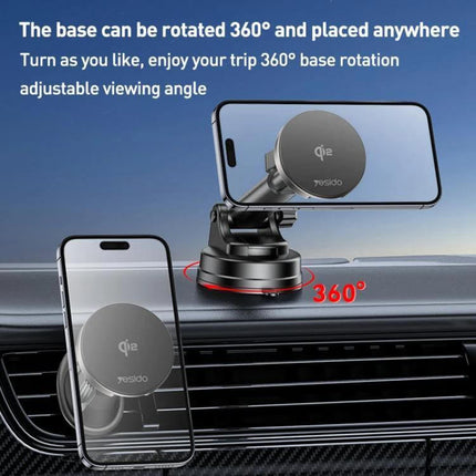 Yesido 2 In 1 Wireless Car Stand For Phone Charging on dashboard showing 360° rotatable base and magnetic wireless charging