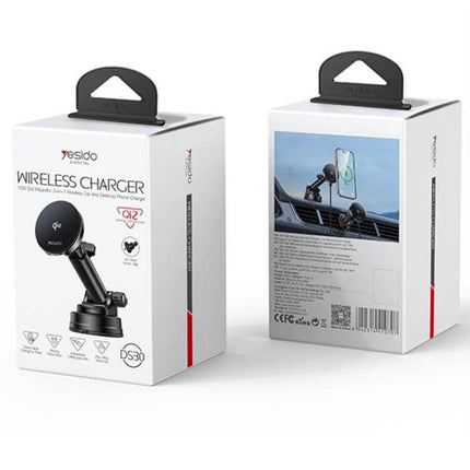 Yesido 2 In 1 Wireless Car Stand For Phone Charging showing product packaging with wireless charger mounted on dashboard