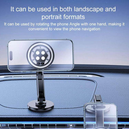 17mm Universal Ball MagSafe Car Phone Holder Base Black mounted on dashboard showing 360-degree rotation for landscape and portrait viewing