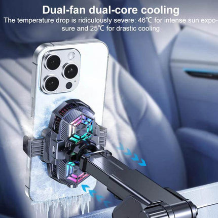 Car Phone Holder With 360 Degree Swivel Ball For Navigation showing CNC aluminum body and dual-fan cooling unit mounted in car